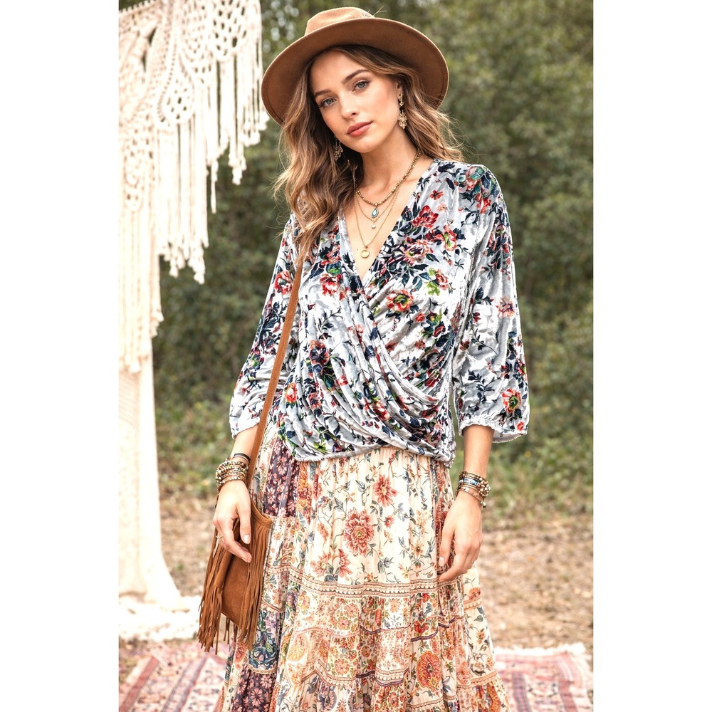 Maeve  Anthropologie Umi Velvet Burnout Floral Faux Wrap Blouse Top Size S Boho